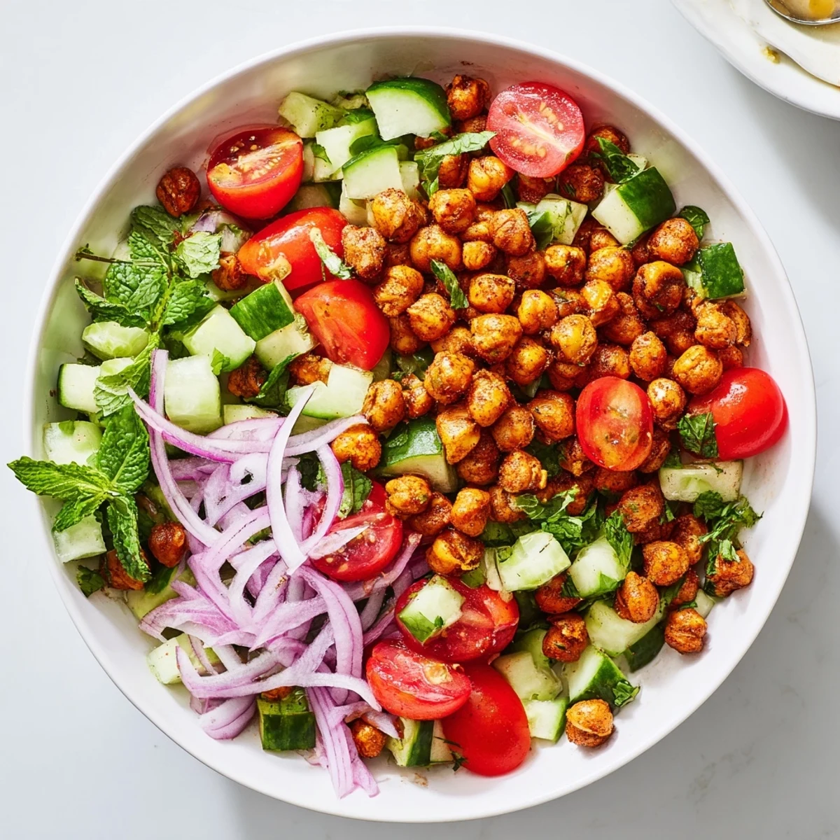 Vibrant cucumber tomato mint salad featuring aromatic herbs and spicy roasted chickpeas in a colorful layered bowl presentation.
