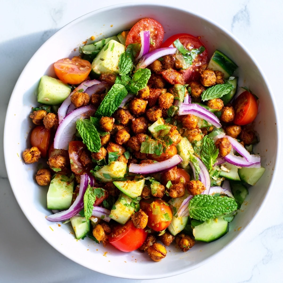 Fresh cucumber tomato mint salad bowl topped with golden crispy toasted chickpeas for a refreshing Mediterranean crunch.