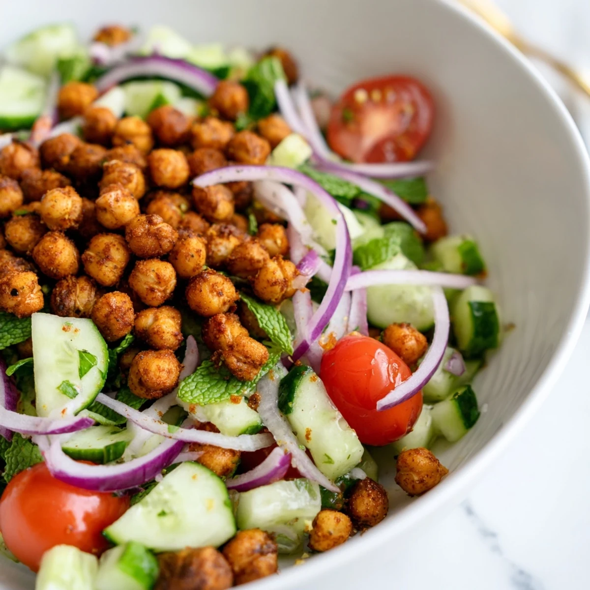 Healthy cucumber tomato mint salad bowl with crunchy seasoned chickpeas perfect for light lunches or summer side dishes.