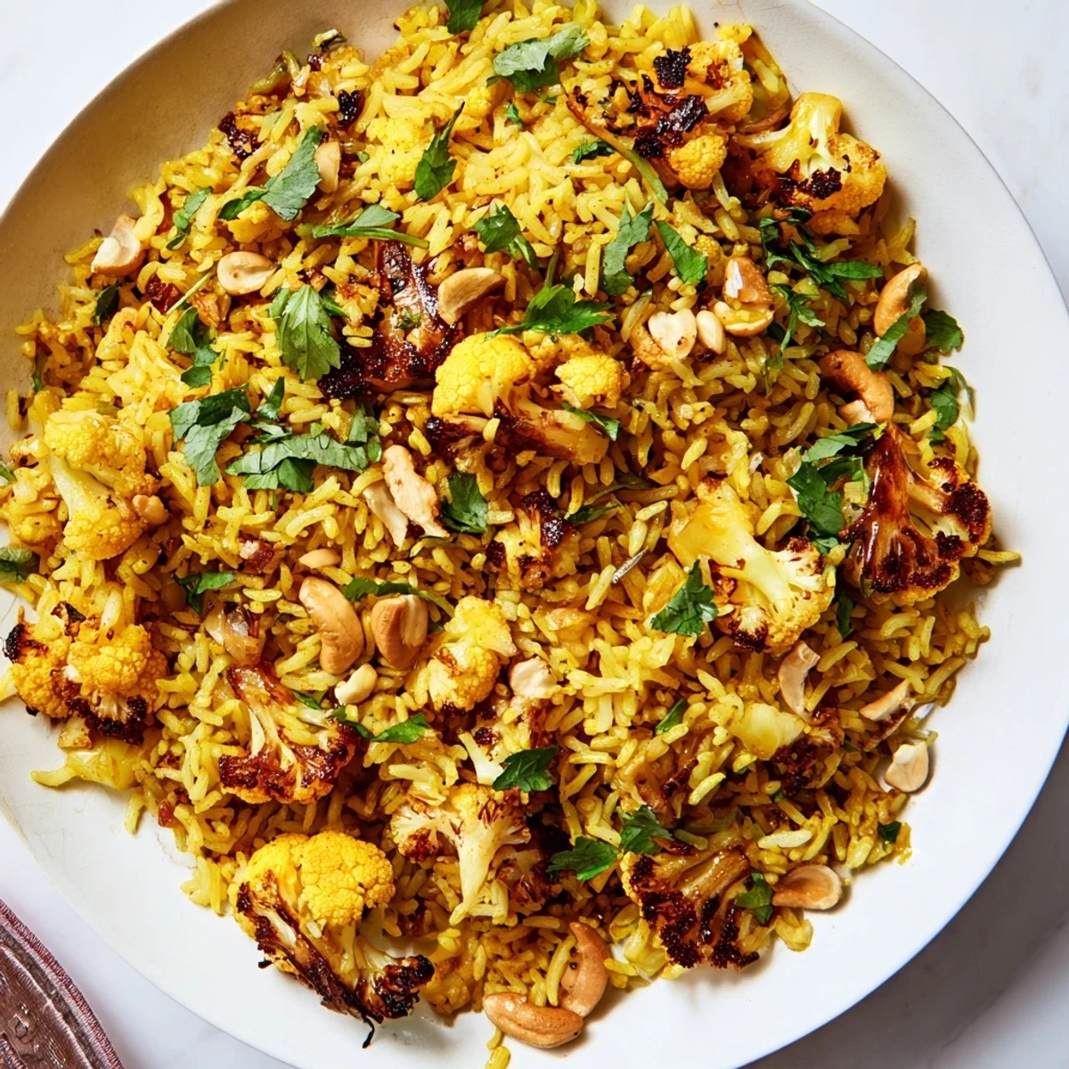 Golden turmeric ginger basmati rice topped with caramelized roasted cauliflower florets and fresh cilantro garnish