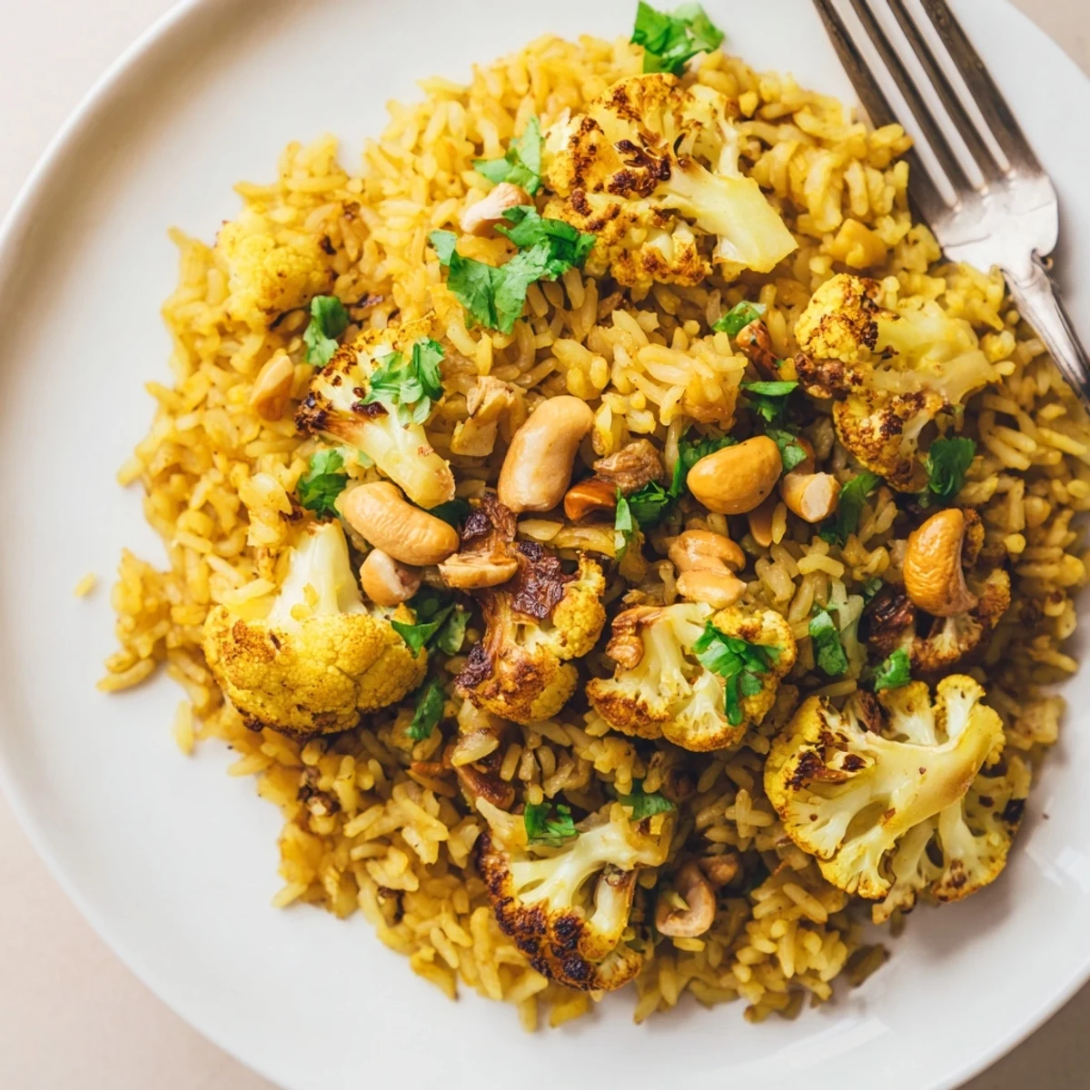Vibrant yellow basmati rice dish with aromatic ginger and turmeric mixed with tender golden-brown cauliflower pieces