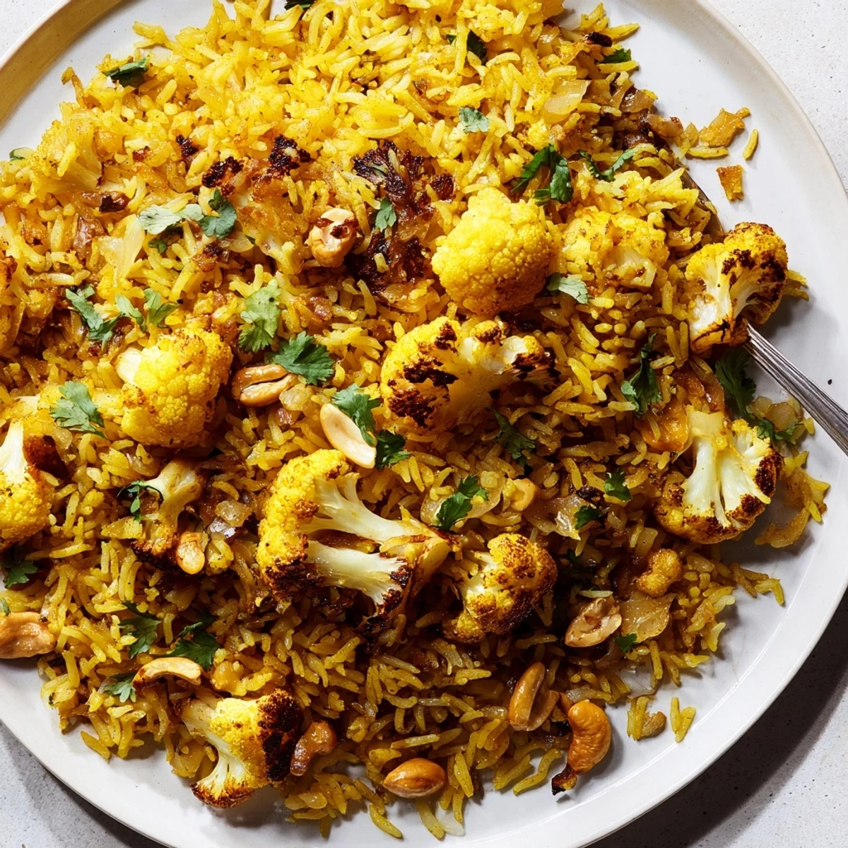Fluffy spiced turmeric rice with caramelized cauliflower, served with roasted cashews and lemon wedges on white plate