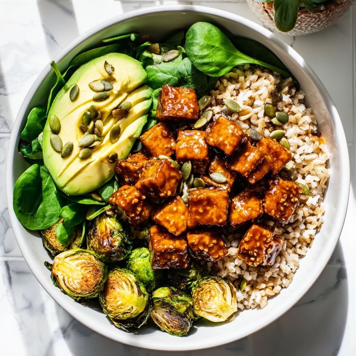 Hearty plant-based meal with sticky maple mustard tempeh, roasted Brussels sprouts, and fresh spinach in a bowl