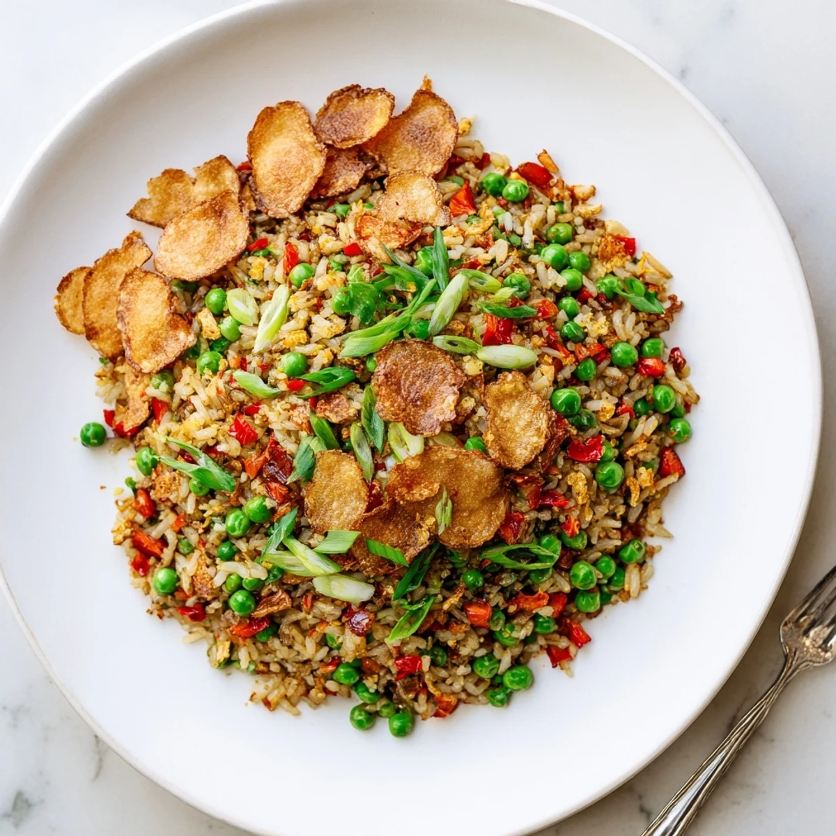 Wok-fried jasmine rice coated in savory chili crisp oil topped with crunchy golden garlic and fresh herbs