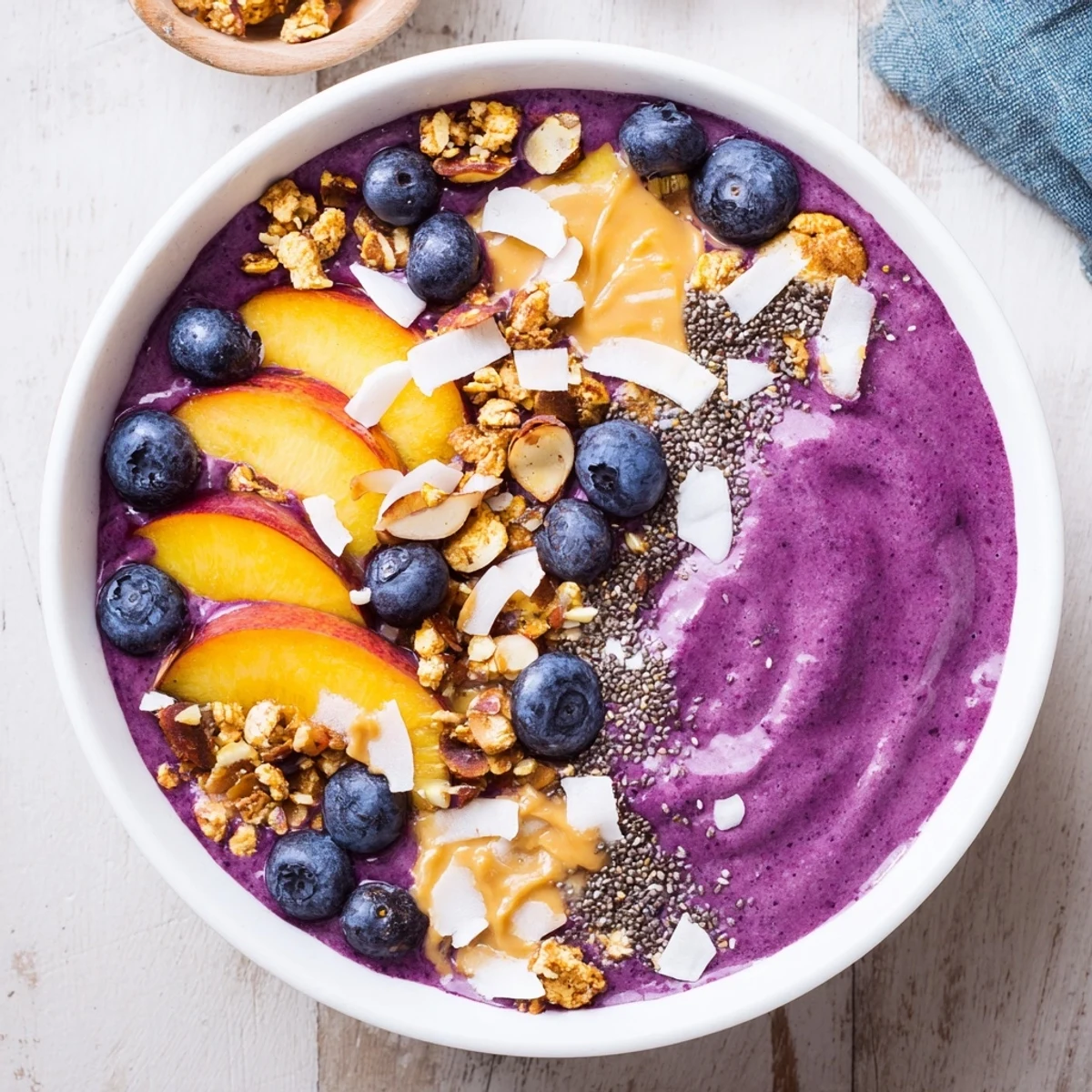 Colorful blueberry peach almond smoothie bowl topped with crunchy granola and fresh fruit slices