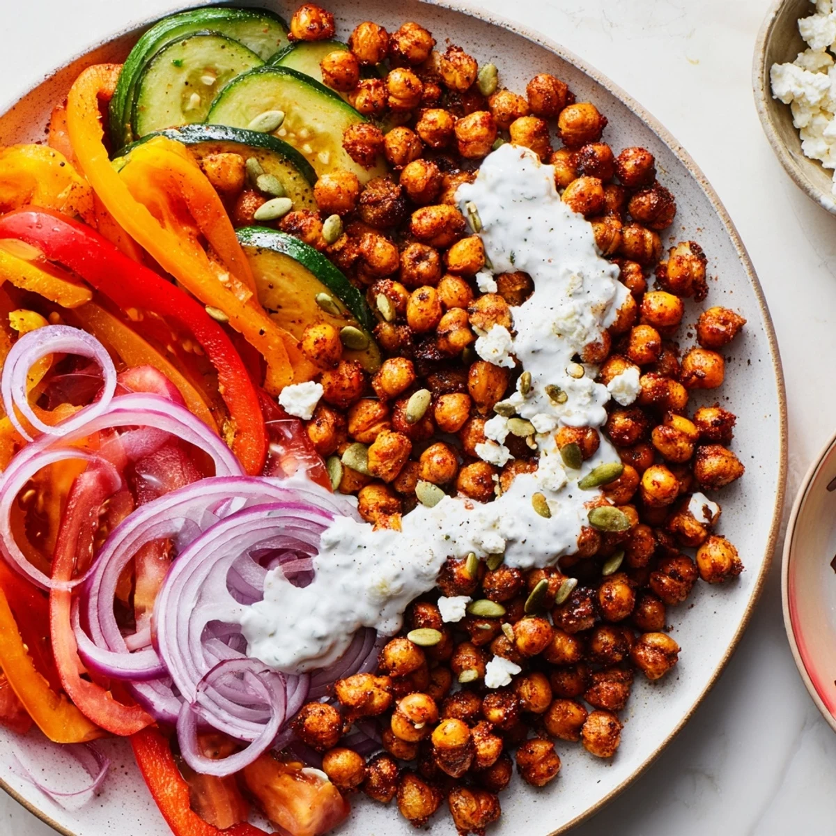 Colorful spicy harissa roasted chickpea veggie bowl with cooling yogurt drizzle and fresh herbs