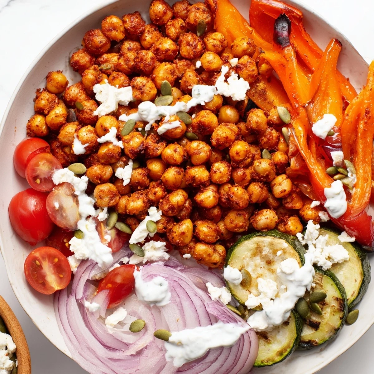 Mediterranean-inspired bowl featuring crispy spiced chickpeas over roasted vegetables with creamy lemon yogurt sauce