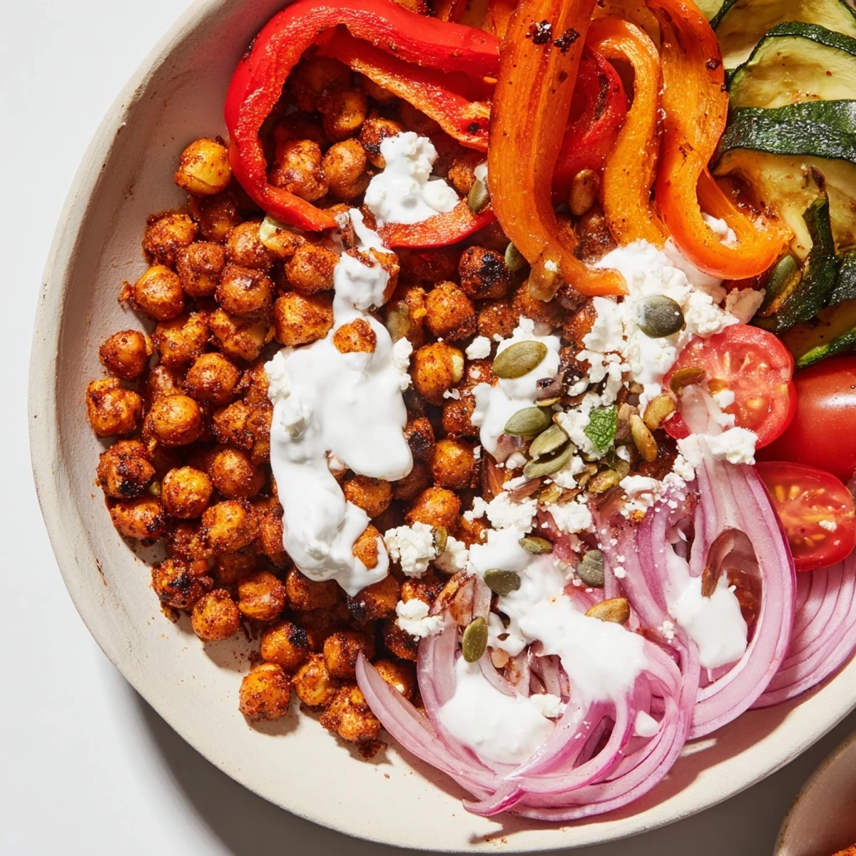 Hearty vegetarian grain bowl with harissa chickpeas, caramelized veggies, and tangy yogurt topping