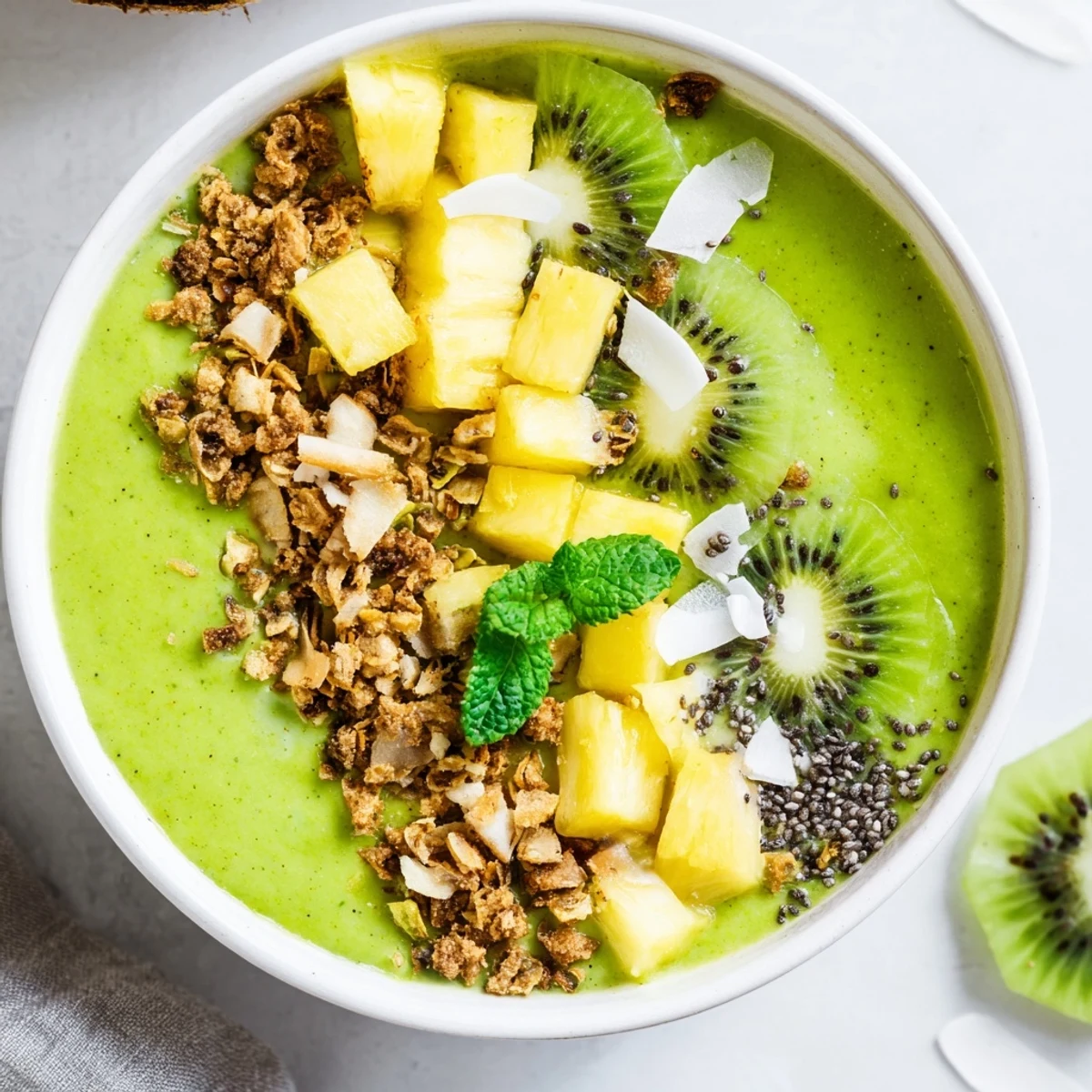 Vibrant green pineapple matcha coconut smoothie bowl topped with toasted flakes, kiwi slices, and fresh mint