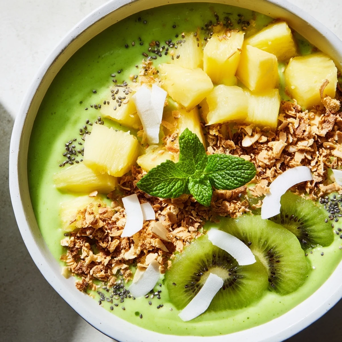 Creamy tropical smoothie bowl featuring energizing matcha blended with pineapple and finished with crunchy toasted coconut