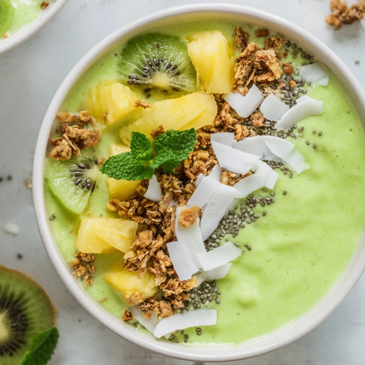 Thick pineapple matcha coconut smoothie bowl arranged with colorful kiwi, chia seeds, and golden toasted coconut garnish