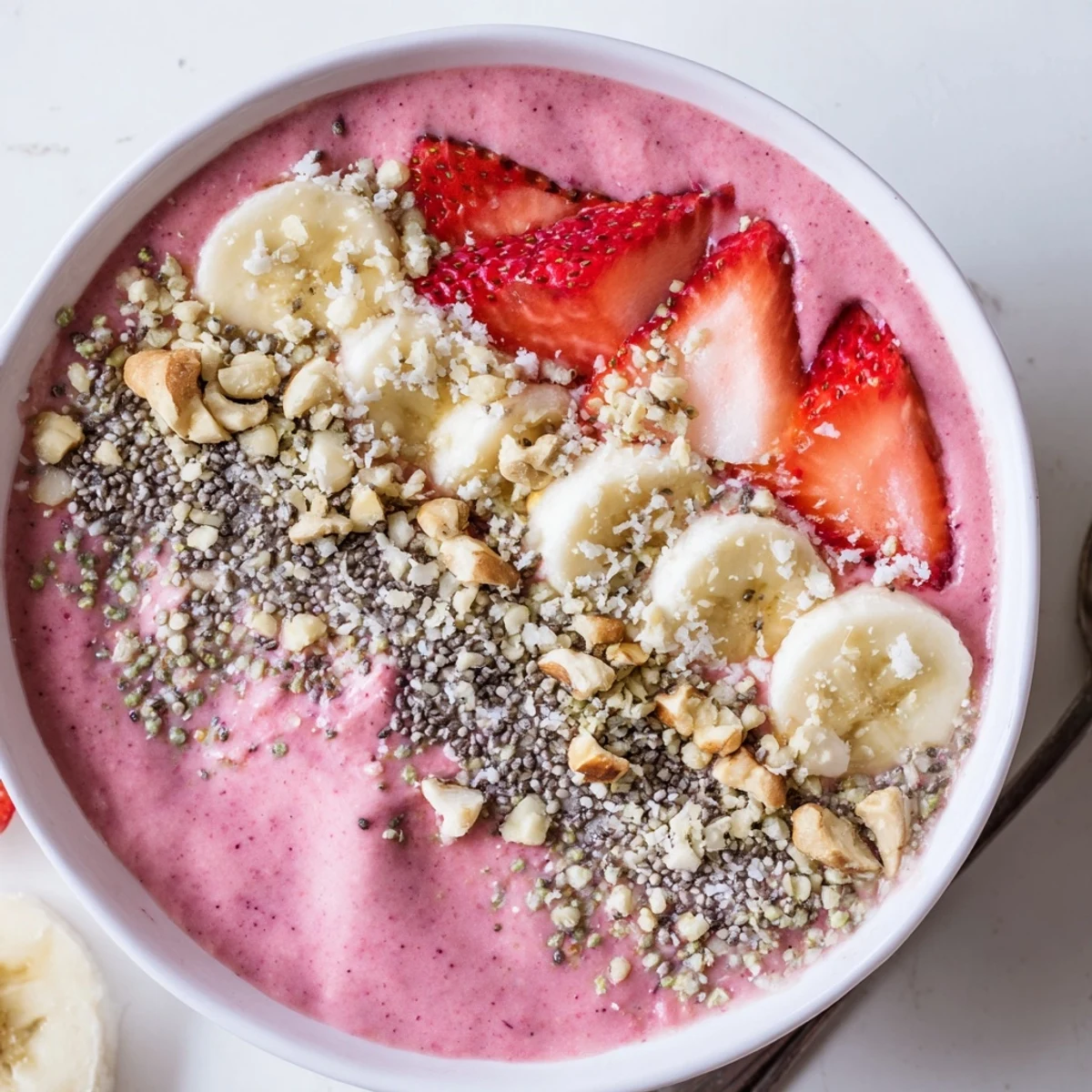 Creamy strawberry banana cashew smoothie bowl topped with crunchy chia seeds and fresh fruit slices