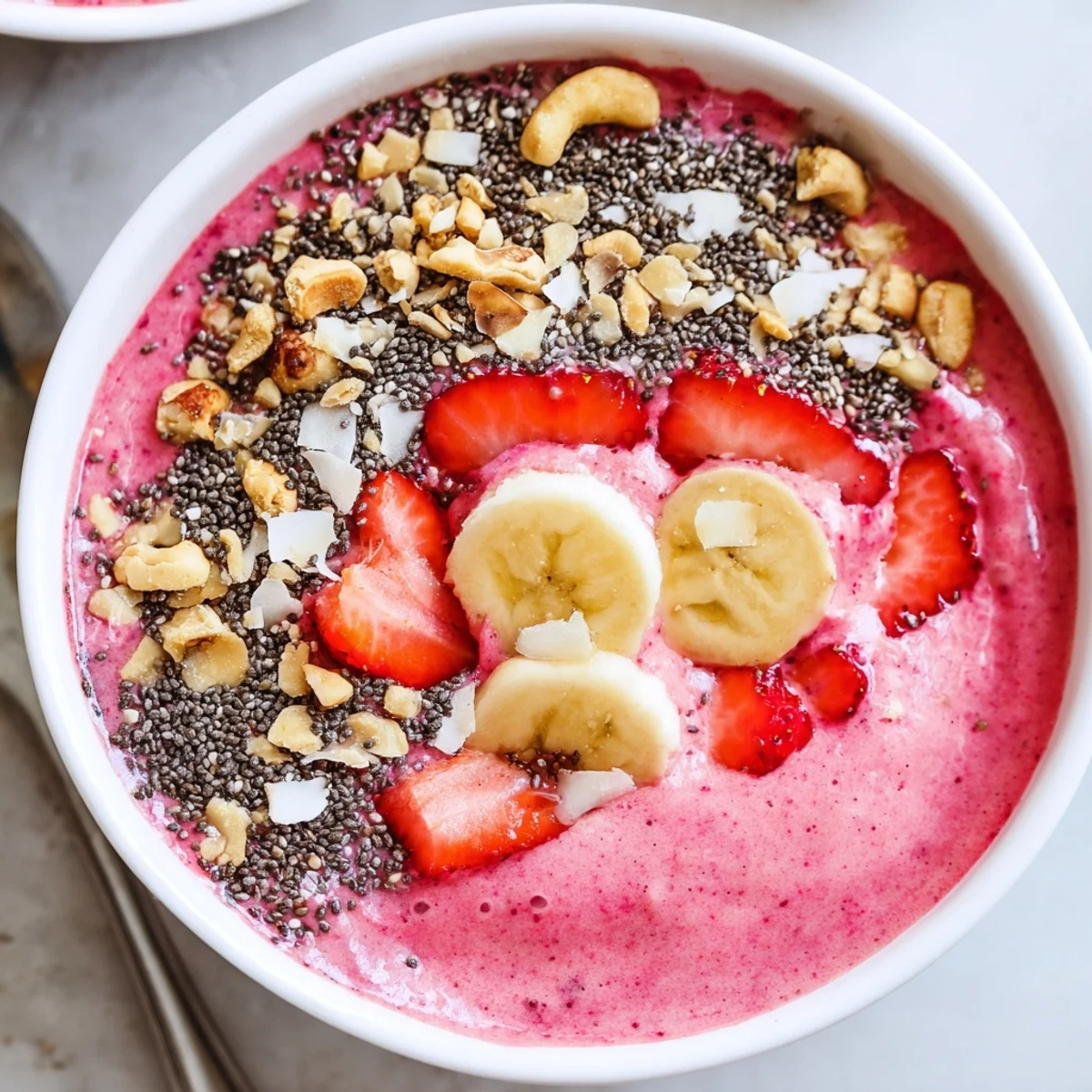 Vibrant breakfast smoothie bowl with blended strawberries bananas cashews sprinkled with cinnamon spiced chia crunch