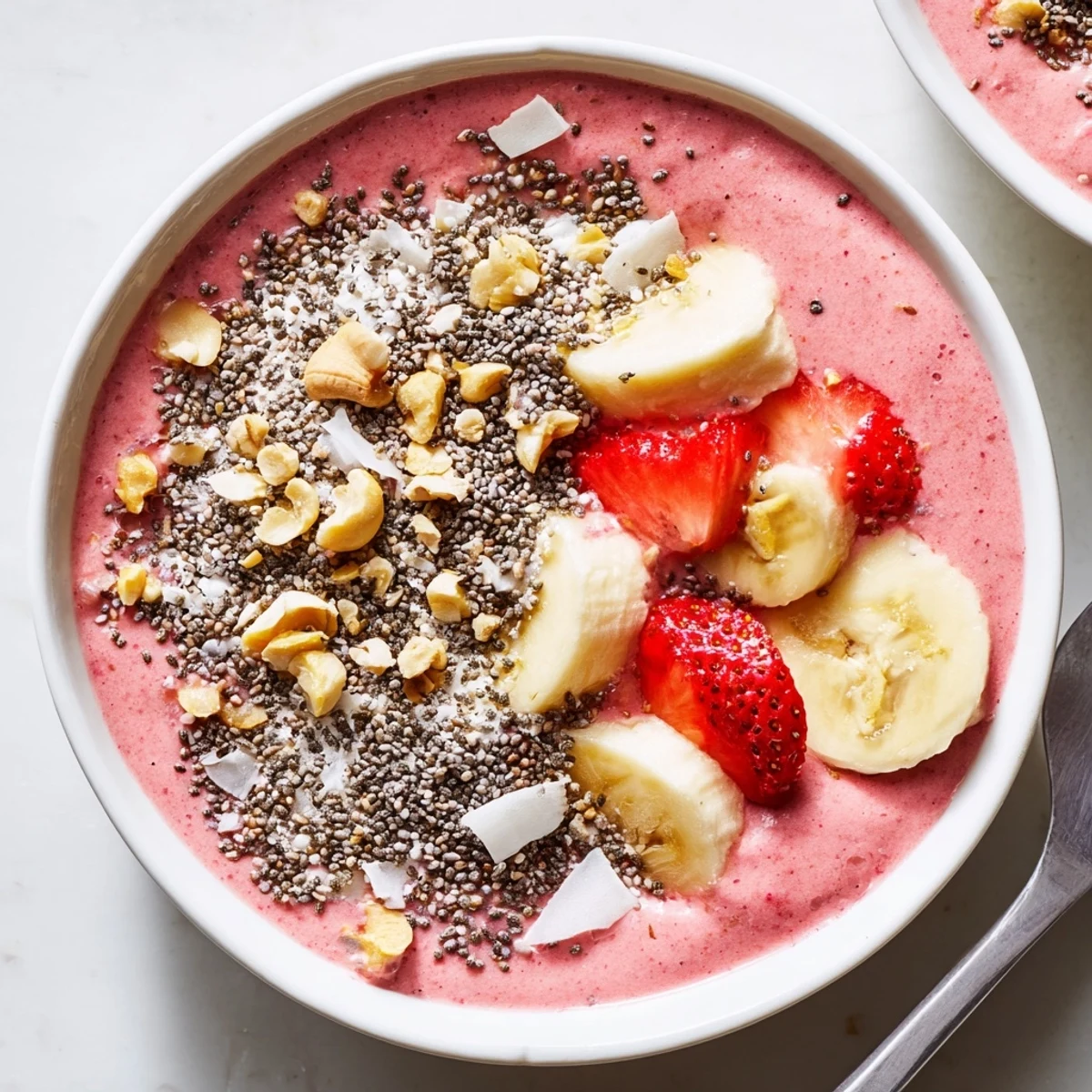 Thick dairy-free smoothie bowl made with fresh strawberries ripe bananas and cashews with coconut topping