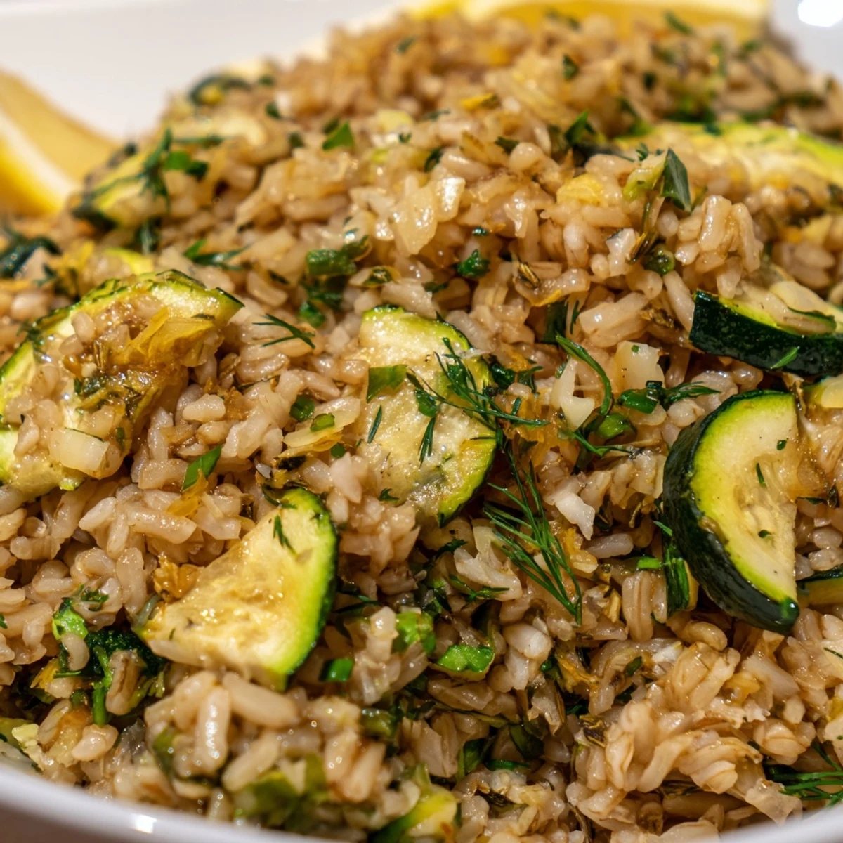 Fluffy brown rice with roasted zucchini seasoned with garlic, herbs, and lemon