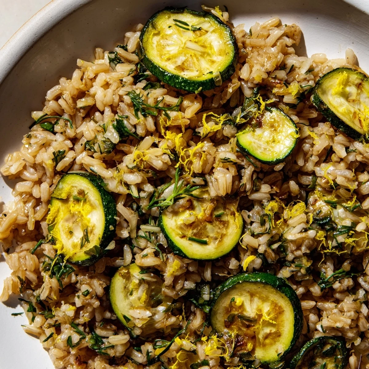 Garlic herb brown rice topped with golden caramelized zucchini and fresh parsley