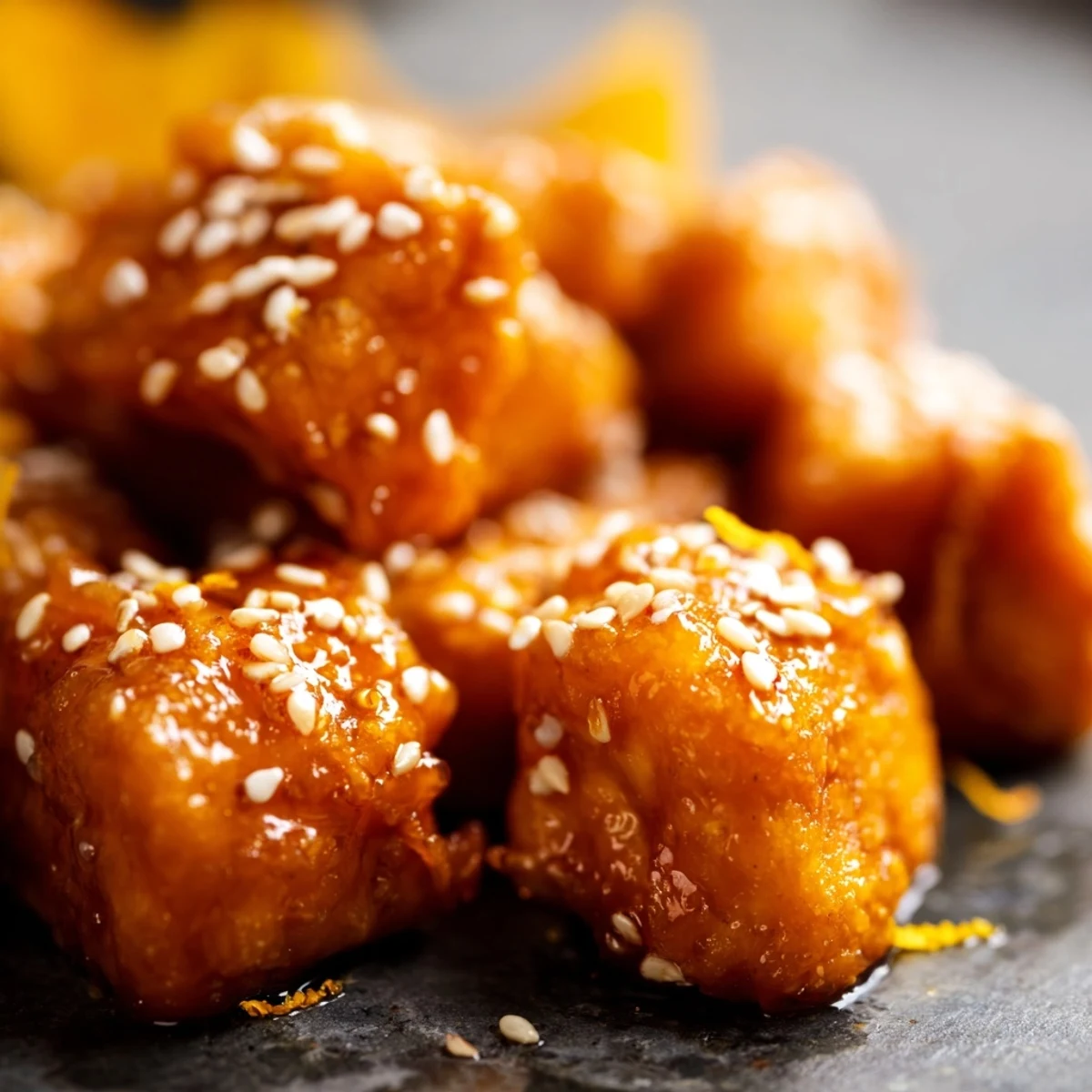 Golden crispy tofu glazed in sticky orange ginger sauce over fluffy white rice with sesame broccoli