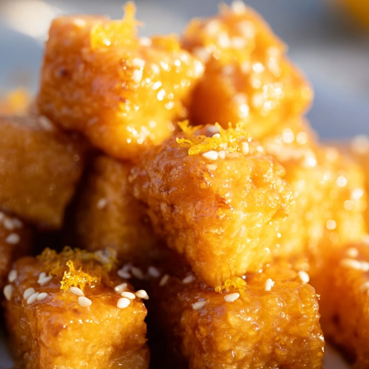 Sticky orange ginger tofu vegan bowl with glistening sauce bright green broccoli and fresh garnishes