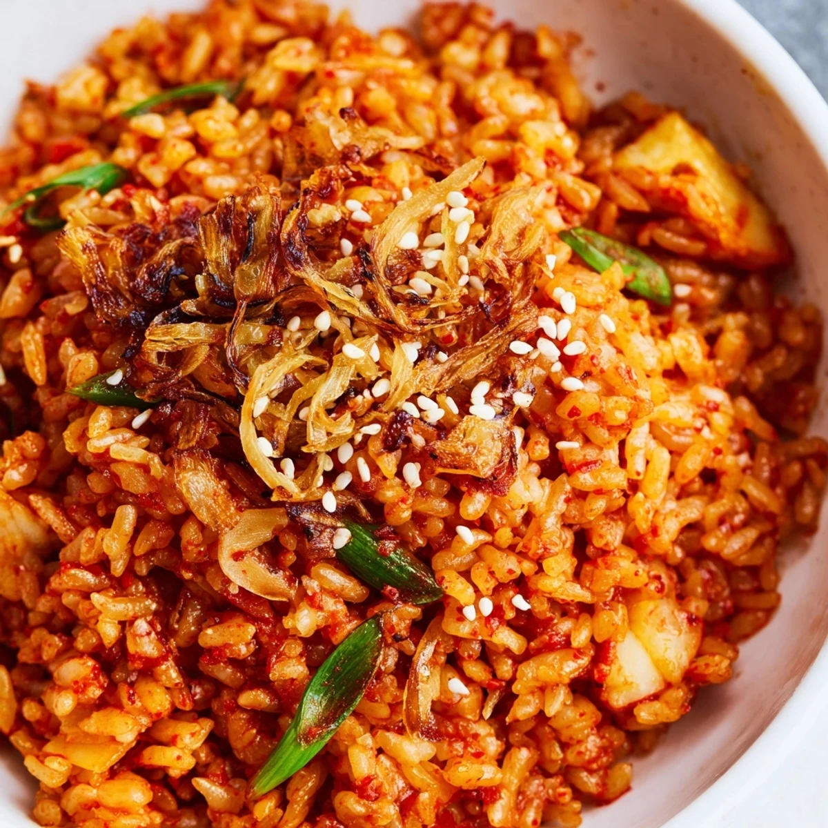 Steaming bowl of kimchi garlic fried rice topped with golden crispy shallots and sesame seeds