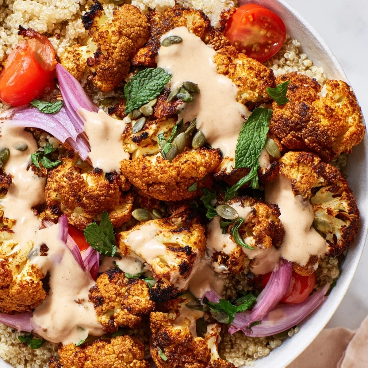 Golden roasted cauliflower quinoa grain bowl drizzled with creamy lemon tahini dressing and fresh herbs