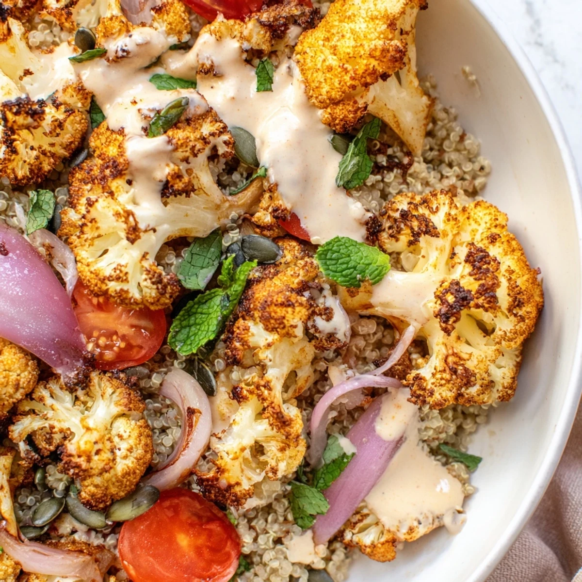 Fluffy quinoa grain bowl topped with spiced cauliflower, bright herbs, and zesty lemon tahini sauce