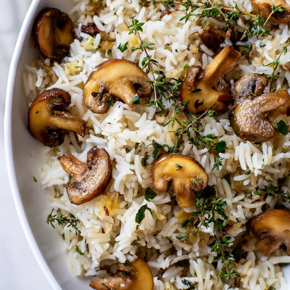 Golden garlic butter herb rice topped with tender roasted mushrooms and fresh parsley garnish