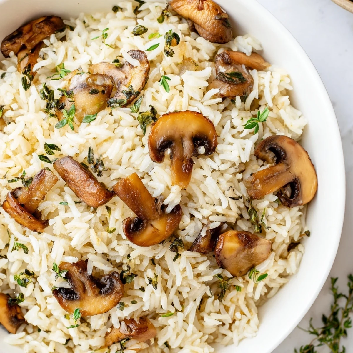 Creamy garlic butter herb rice with roasted mushrooms served in a rustic white bowl