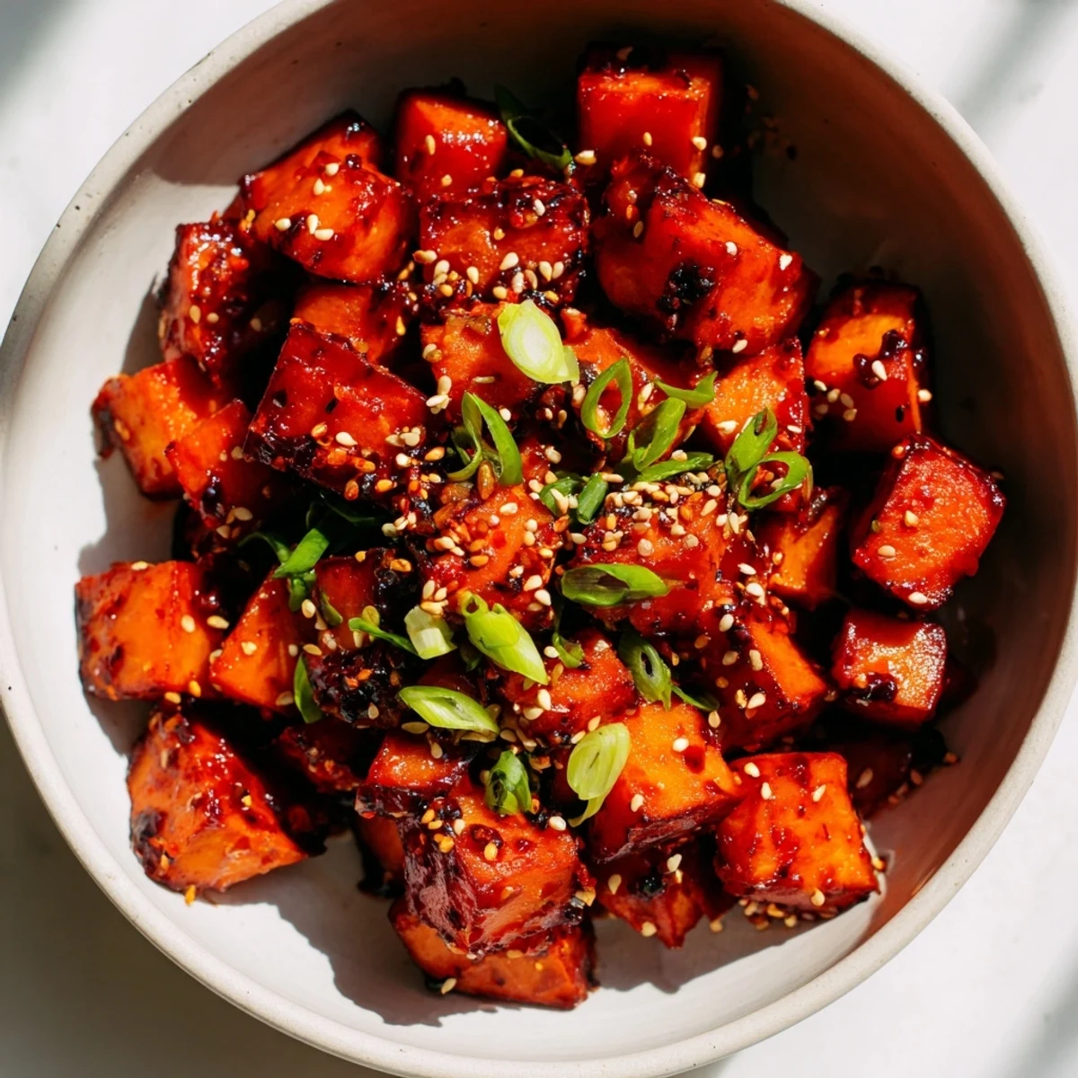 Spicy chili crisp roasted sweet potato veggie bowl glistening with zesty dressing and fresh scallions