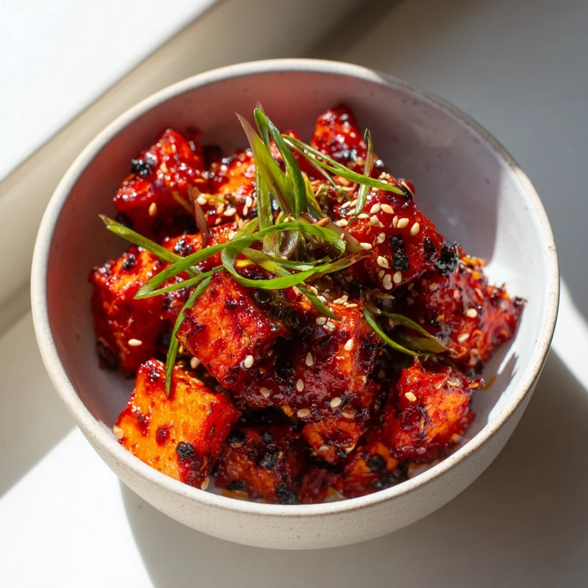 Crispy-edged sweet potatoes glazed in chili crisp served over fluffy rice with colorful vegetables