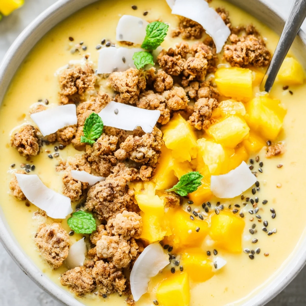 Creamy mango pineapple coconut smoothie bowl topped with crunchy granola and fresh tropical fruit