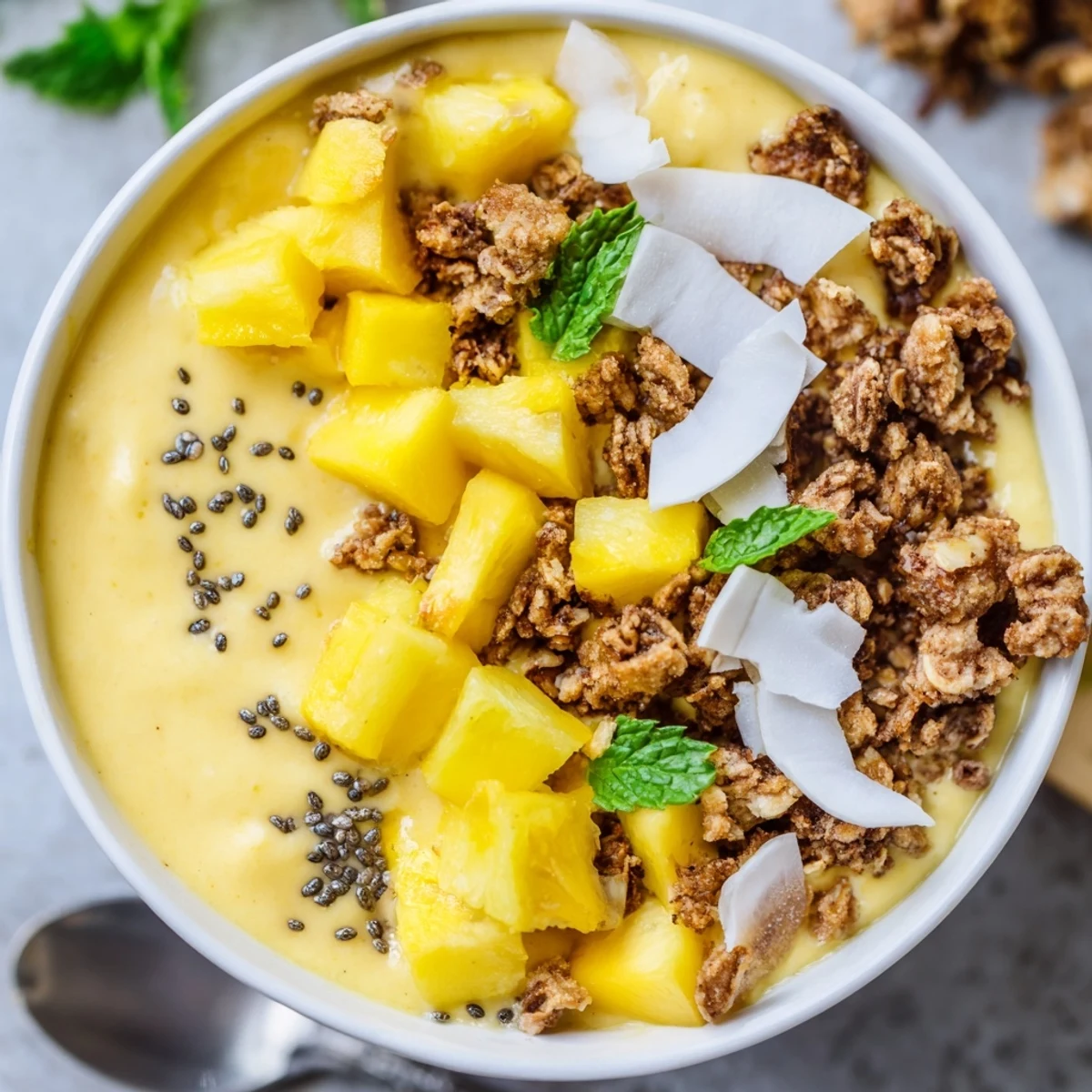 Thick tropical smoothie bowl featuring mango, pineapple, coconut, and a crispy granola topping