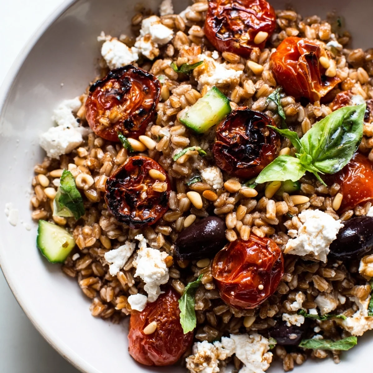 Mediterranean farro grain bowl with blistered roasted tomatoes, crumbled feta, and fresh basil leaves