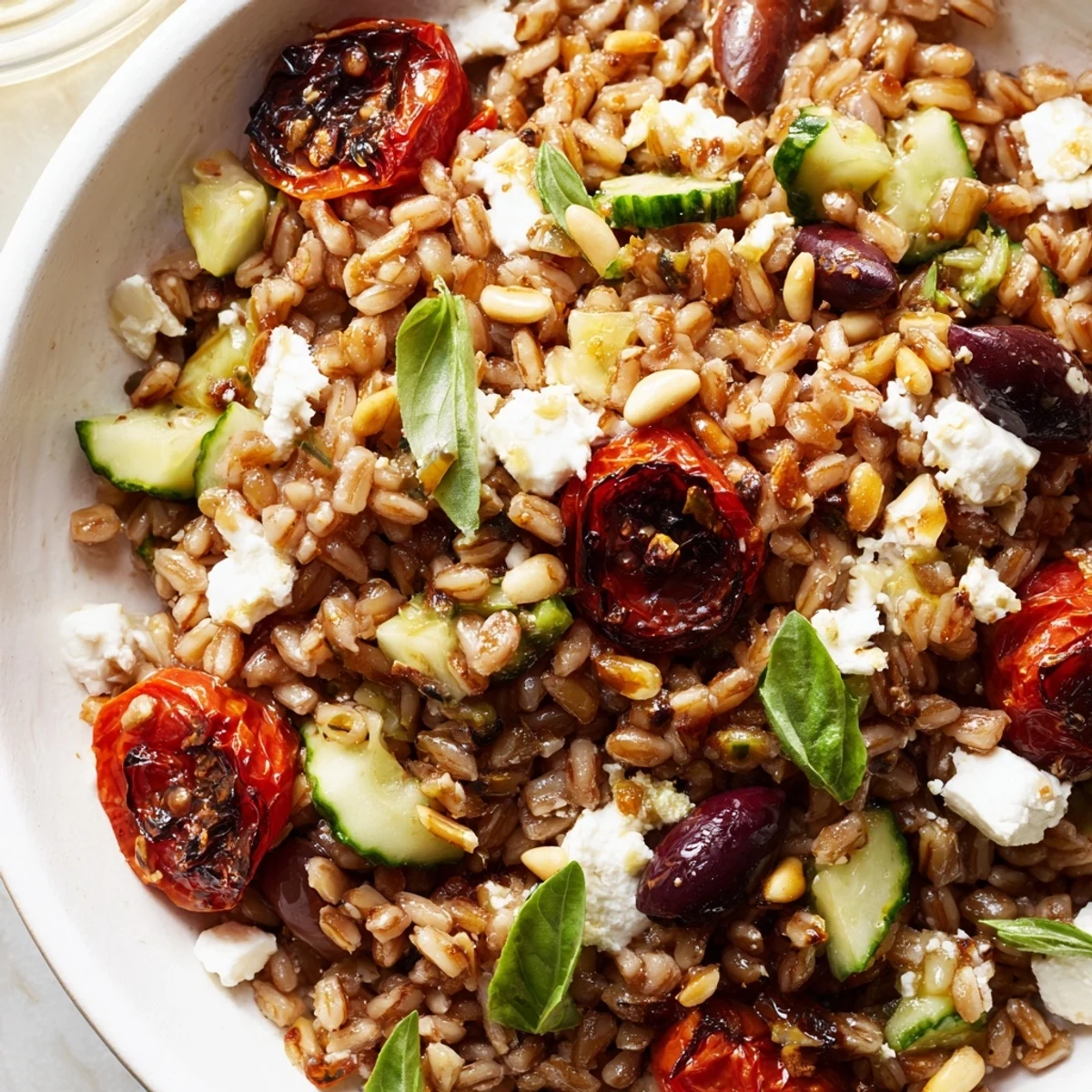 Nutty farro grain bowl topped with caramelized onions, cucumber, Kalamata olives, and tangy feta cheese