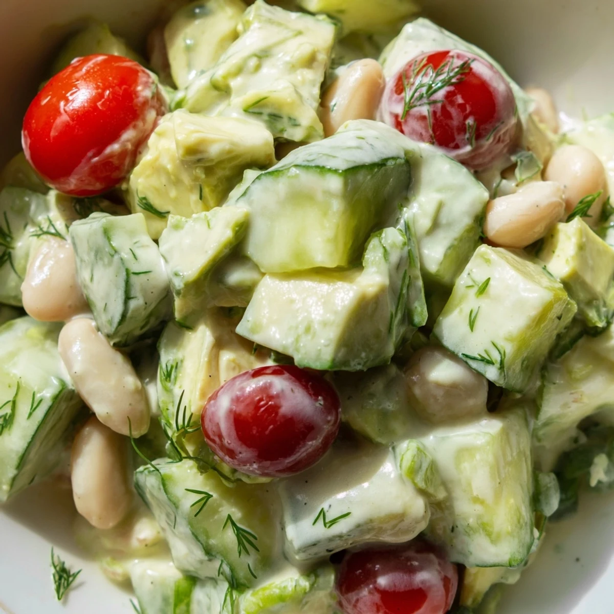 Creamy avocado cucumber white bean salad in a rustic bowl with fresh dill garnish