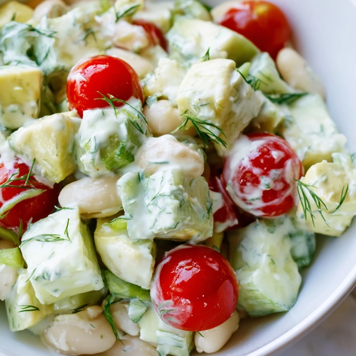 Vibrant avocado cucumber white bean salad featuring crisp vegetables and tangy yogurt dressing