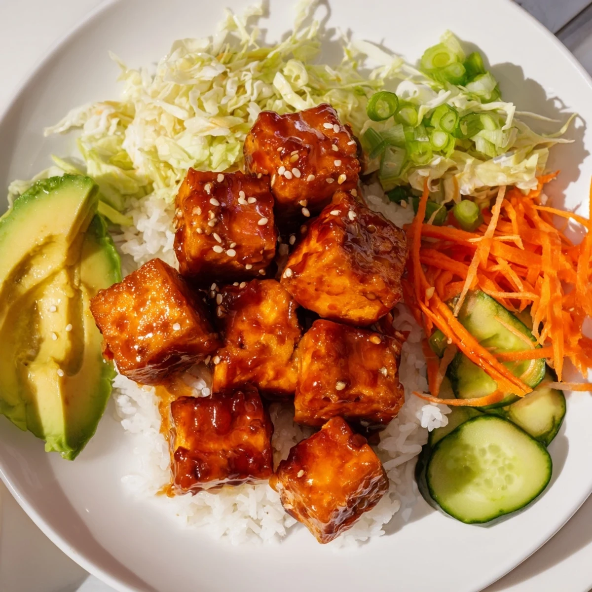 Sticky maple soy tofu vegan bowl served over fluffy rice with crunchy vegetables