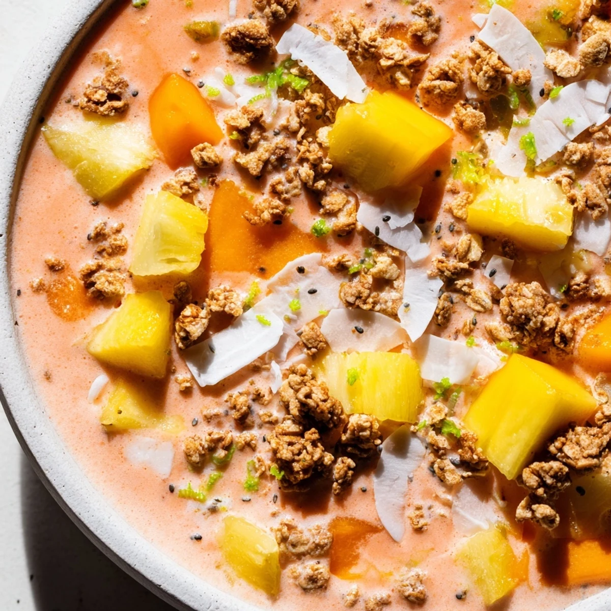 Creamy Papaya Mango Coconut Smoothie Bowl topped with fresh fruit and lime zest