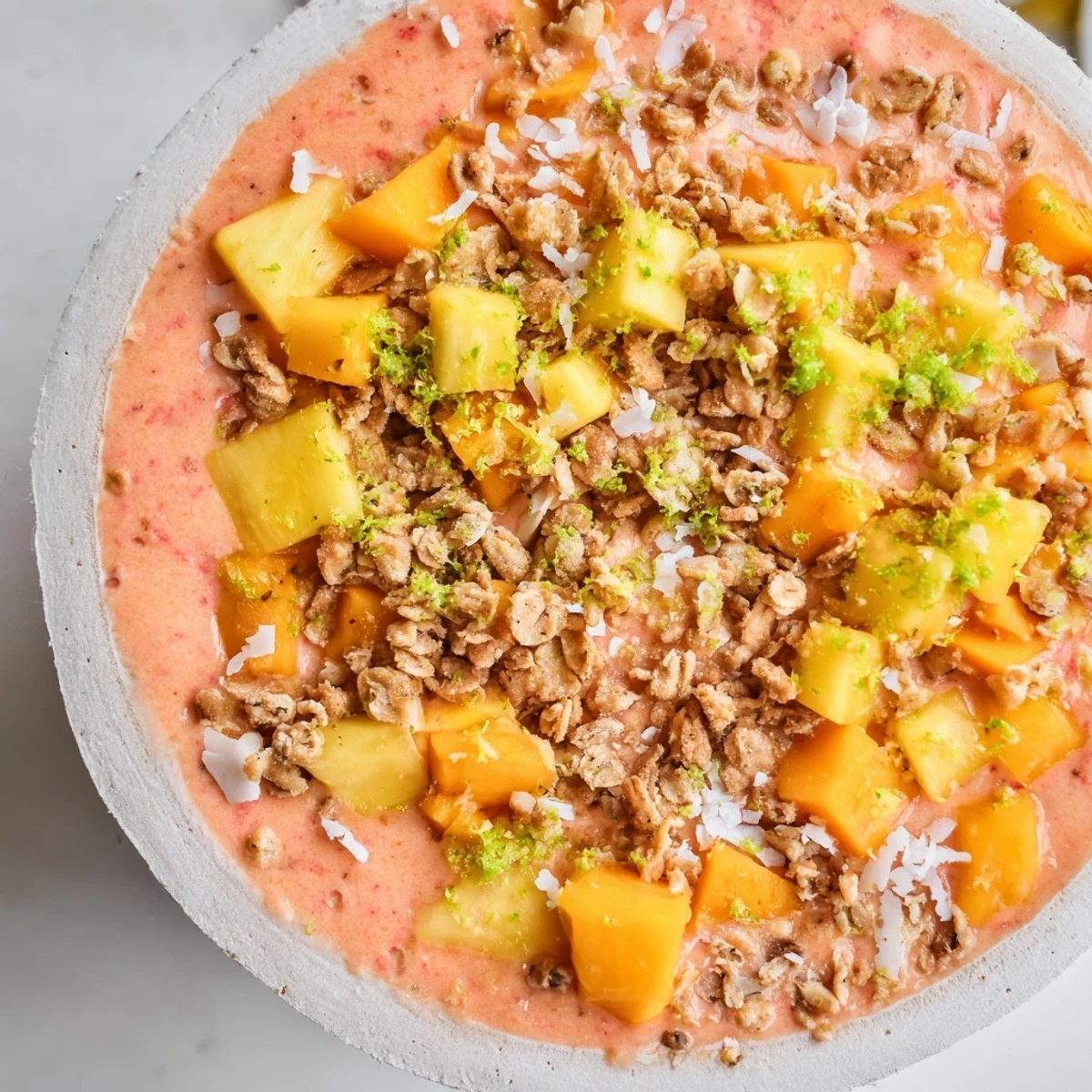 Vibrant Papaya Mango Coconut Smoothie Bowl with tropical toppings in a white ceramic bowl