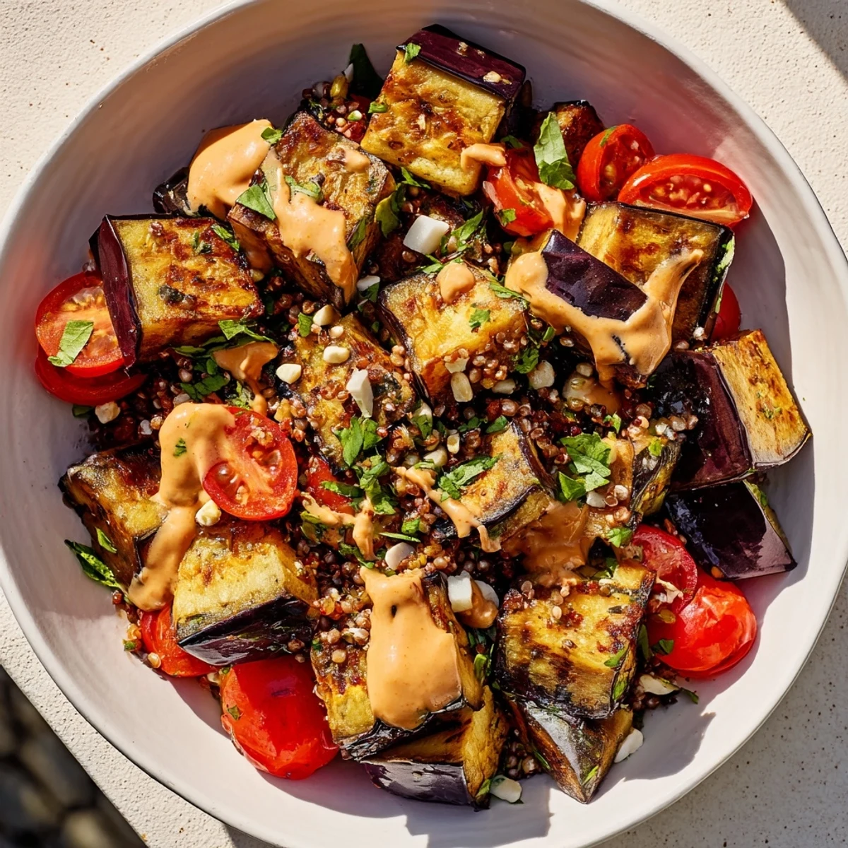 Mediterranean roasted eggplant barley grain bowl topped with creamy tahini drizzle and fresh herbs