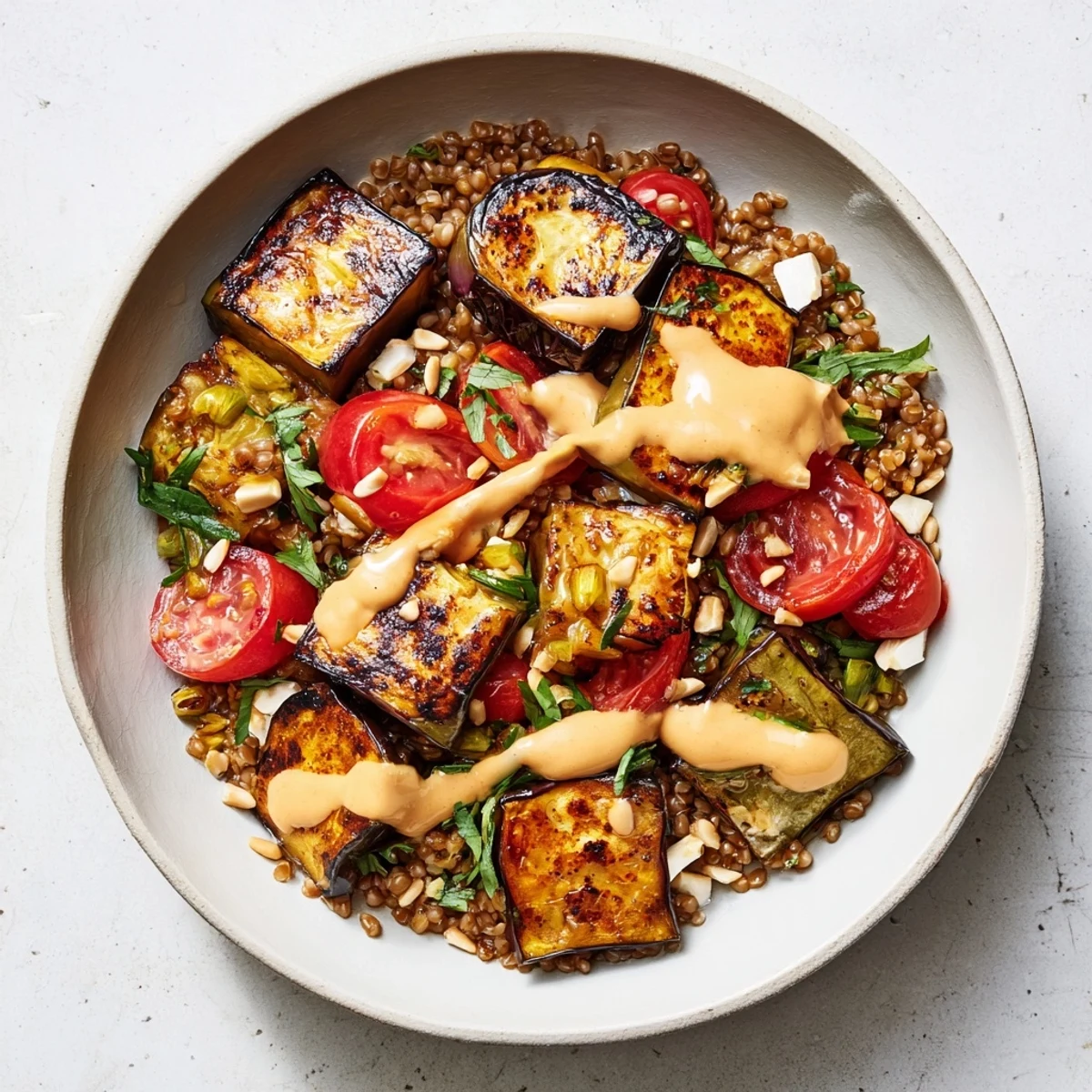 Golden roasted eggplant and fluffy barley served in a vibrant Mediterranean grain bowl