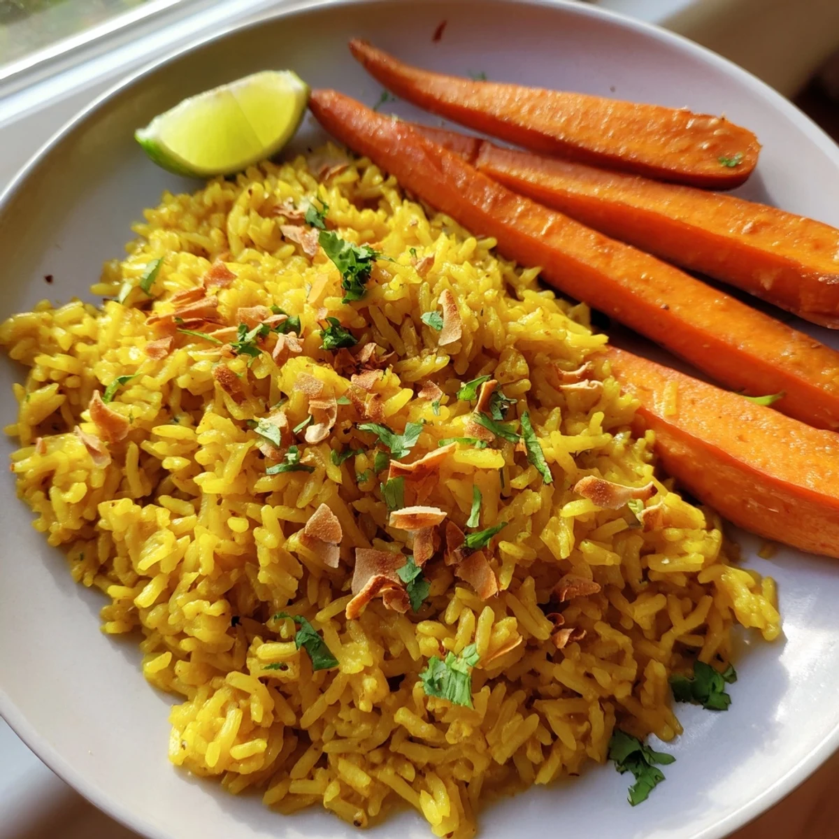 Golden coconut turmeric rice topped with caramelized roasted carrots and fresh green cilantro