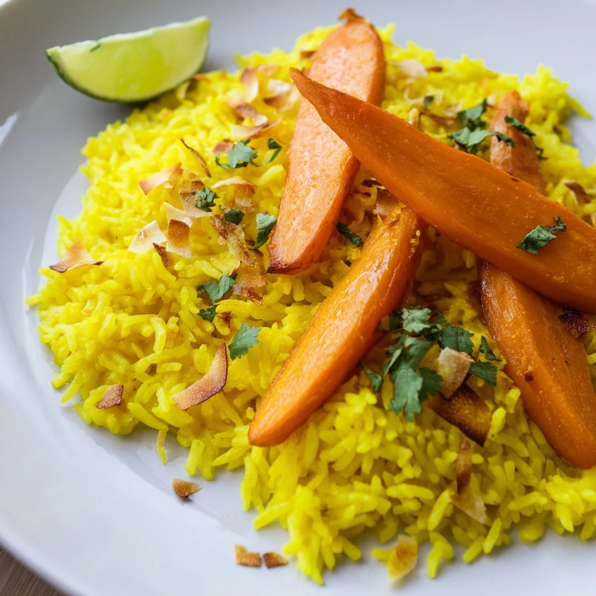 Creamy coconut turmeric rice alongside tender oven-roasted carrots on a rustic serving plate