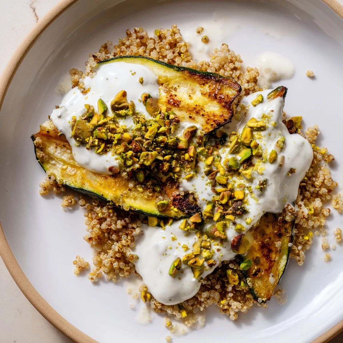 Roasted zucchini pistachio quinoa grain bowl topped with creamy lemon yogurt drizzle