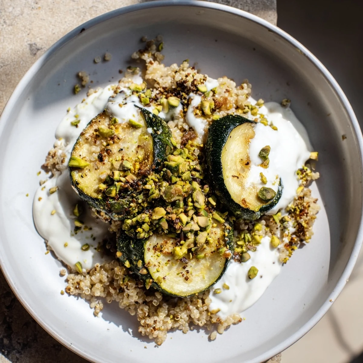 Golden roasted vegetables and fluffy quinoa layered in a Mediterranean grain bowl