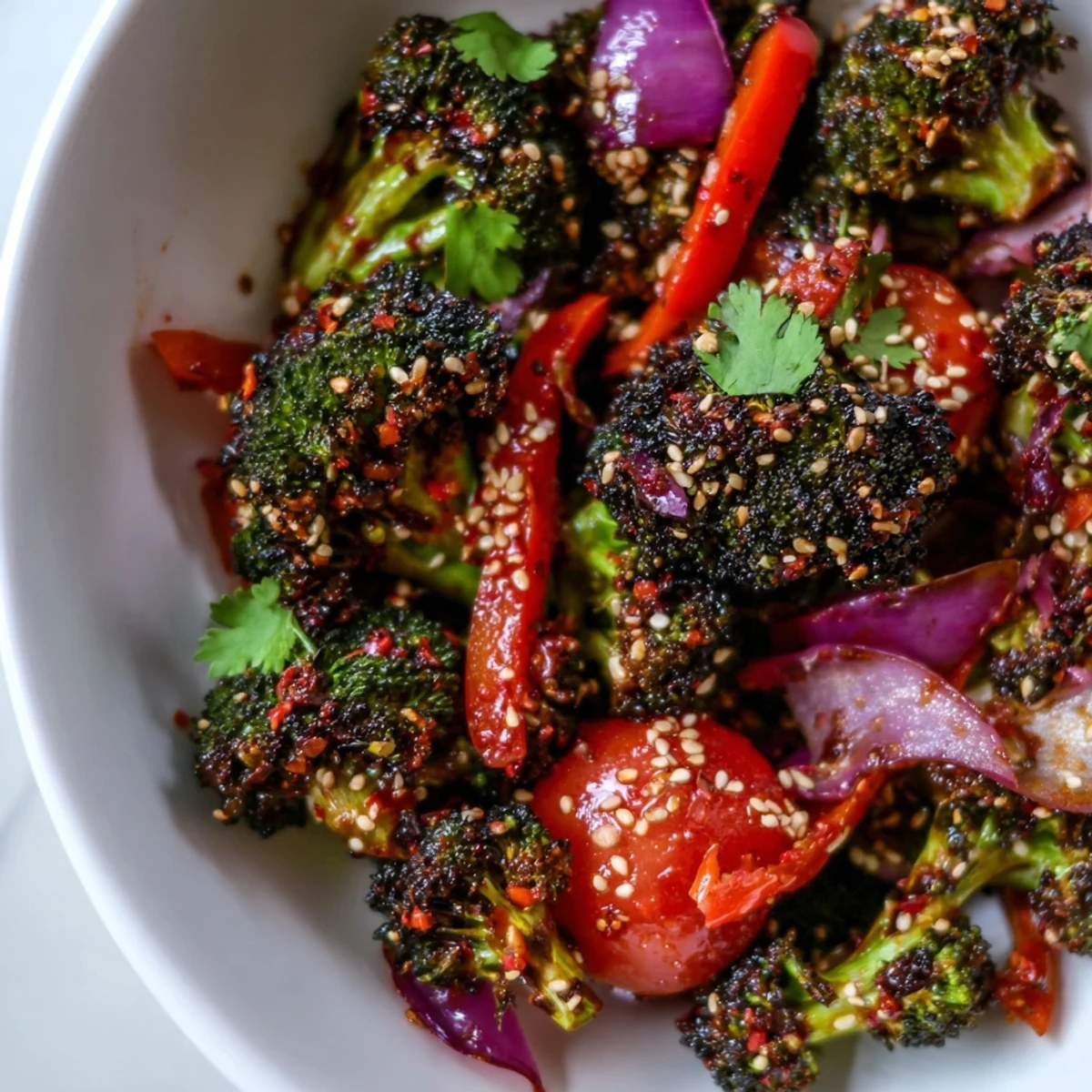 Crisp-tender broccoli tossed in chili flake garlic sauce over fluffy quinoa