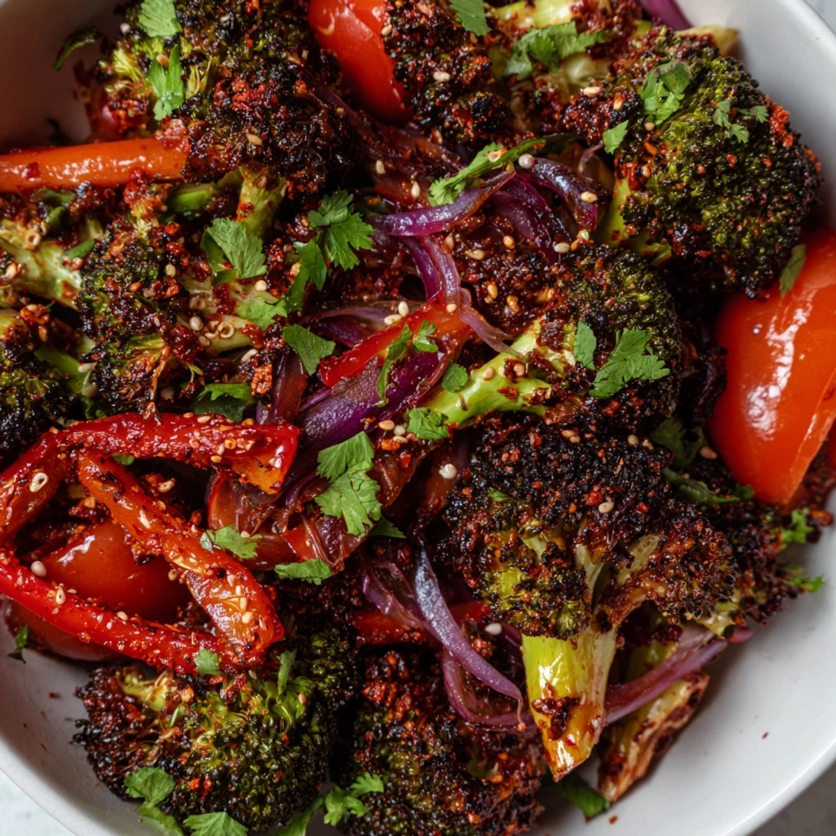 Golden roasted broccoli and bell peppers in a smoky spicy garlic glaze