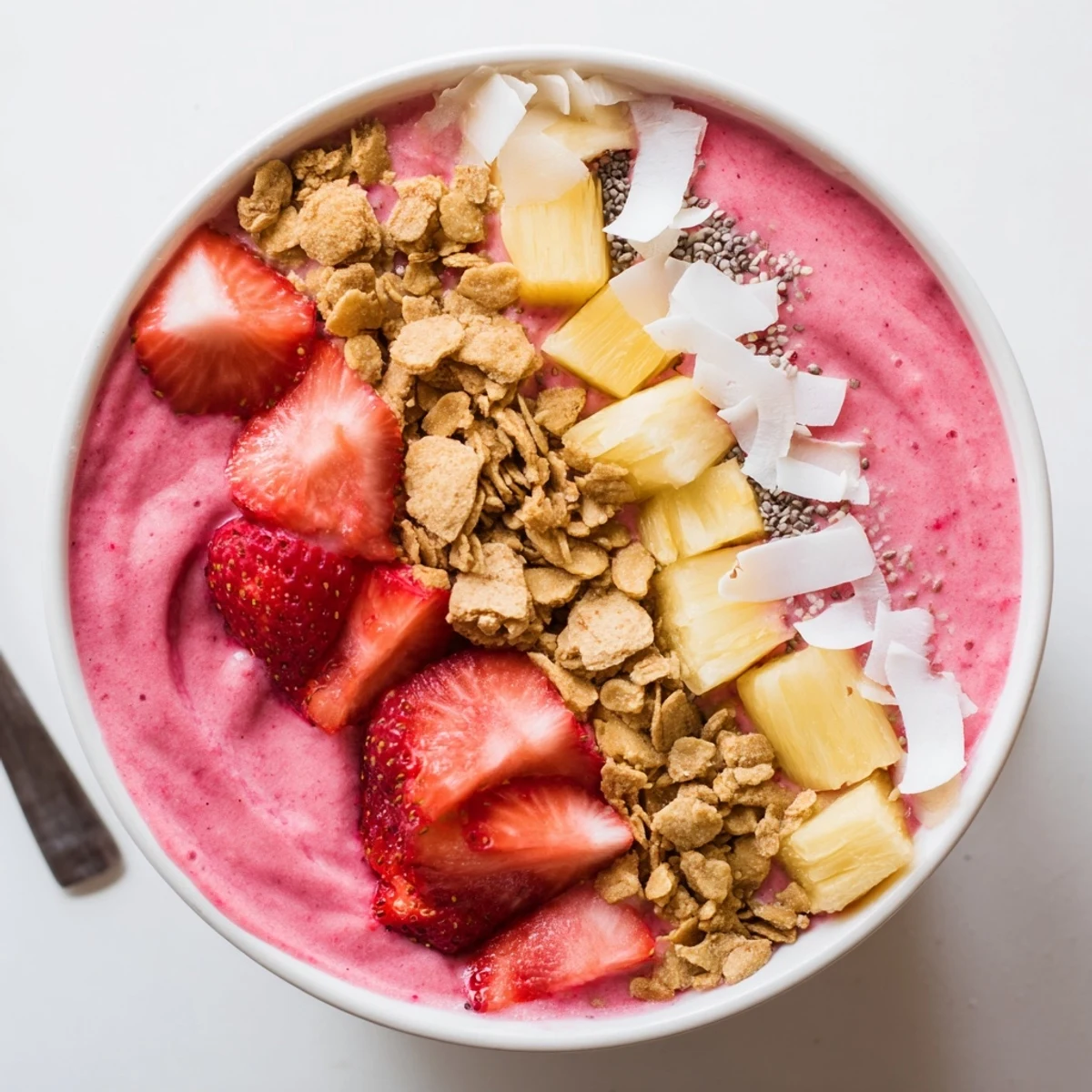 Thick pink strawberry pineapple banana smoothie bowl topped with golden granola and fresh fruit