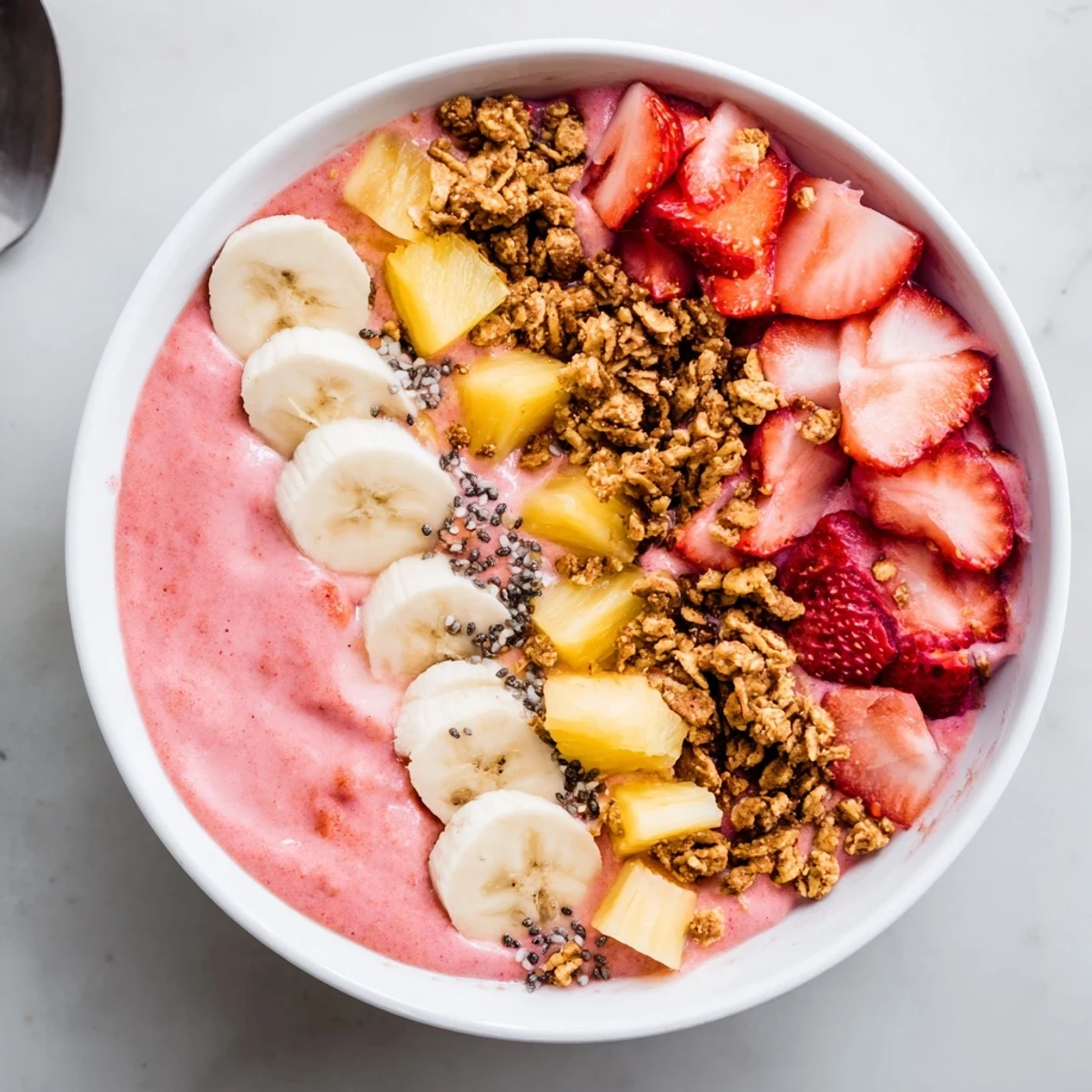 Creamy strawberry pineapple banana smoothie bowl served in a white dish with crunchy toppings