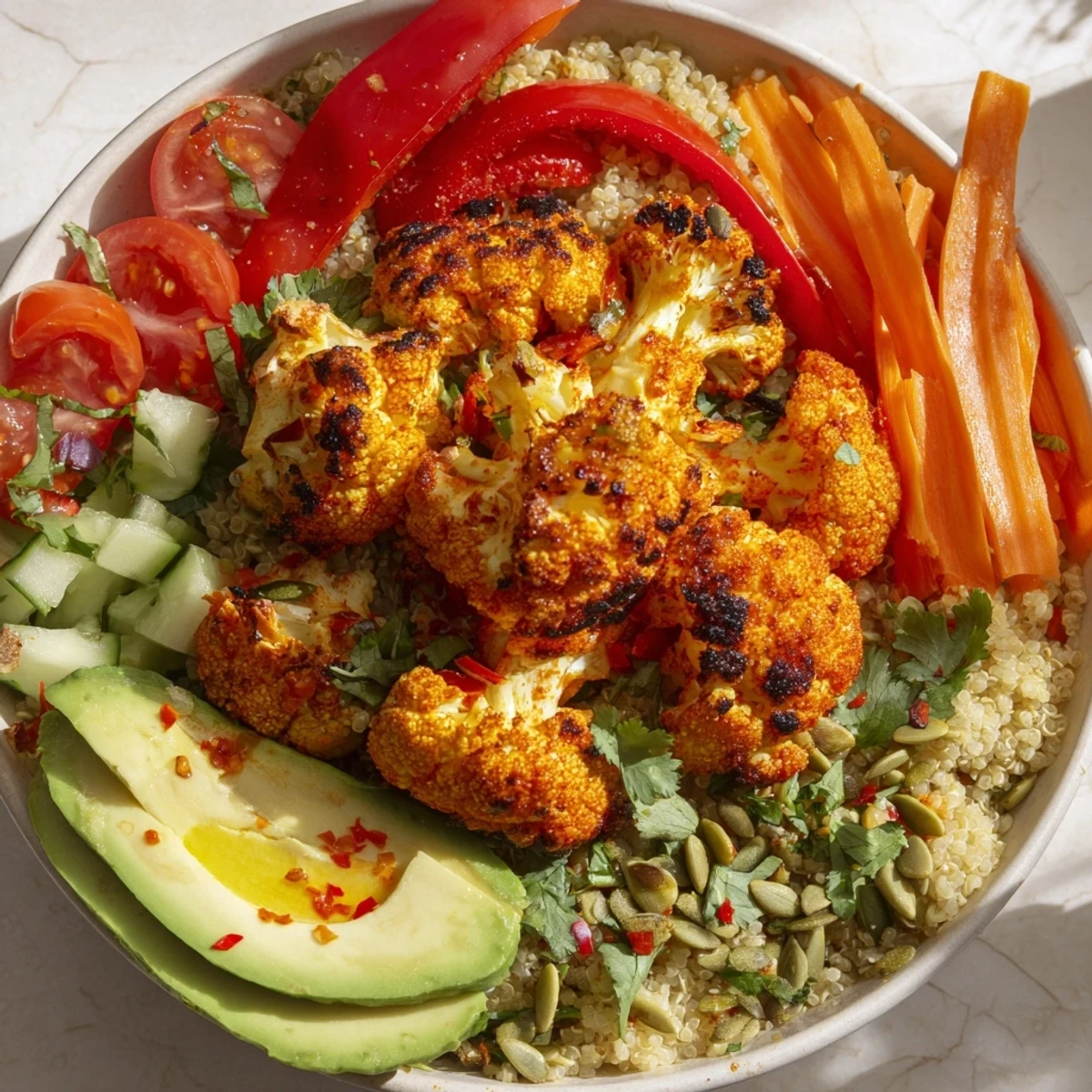 Spicy chili lime roasted cauliflower veggie bowl served with quinoa, avocado, and fresh herbs