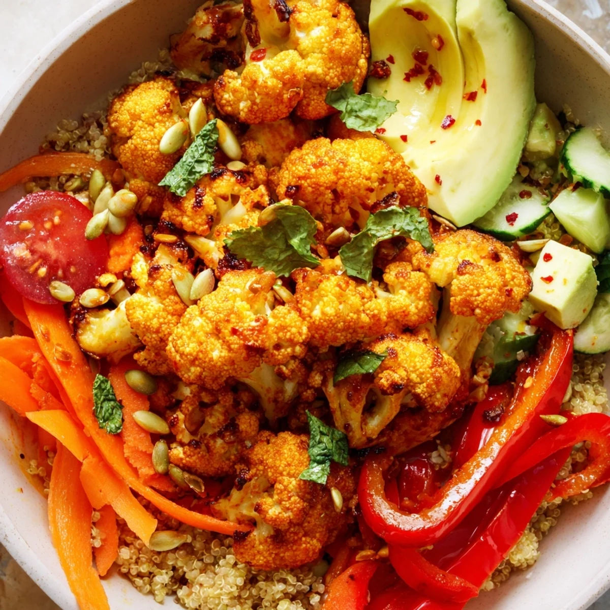 Golden chili lime roasted cauliflower nestled over colorful vegetables and topped with fragrant herbs
